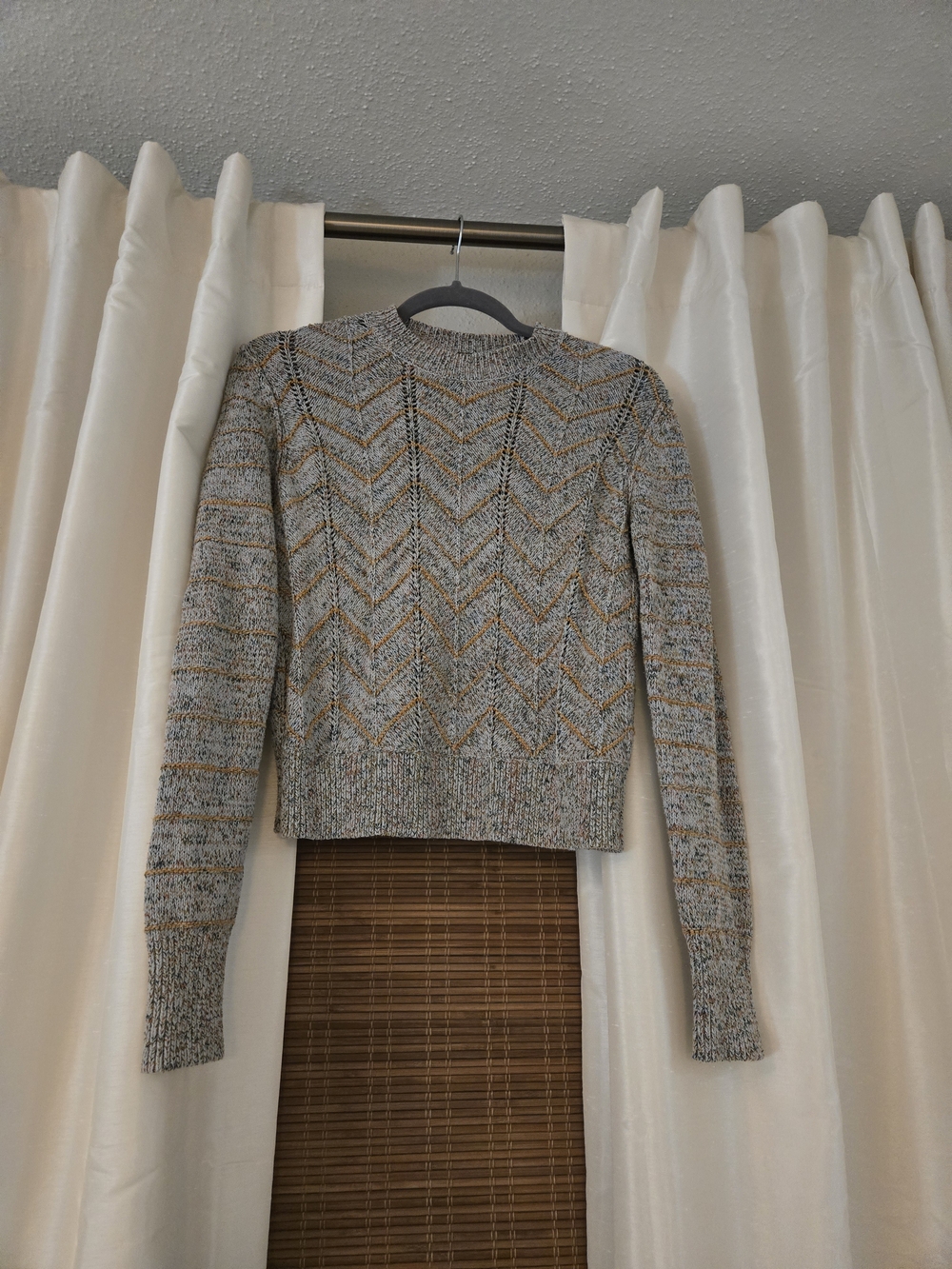 Free People Gray and Tan Chevron-Pattern Knit Crewneck Sweater
